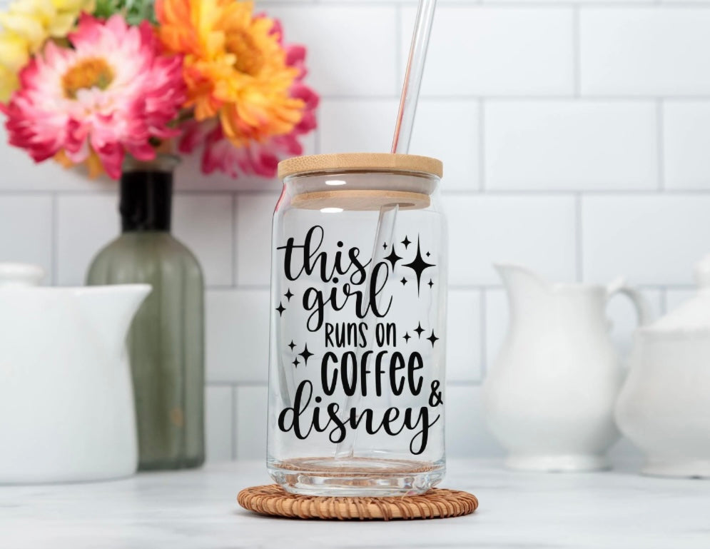 This Girl Runs on Coffee & Disney Glass Cup
